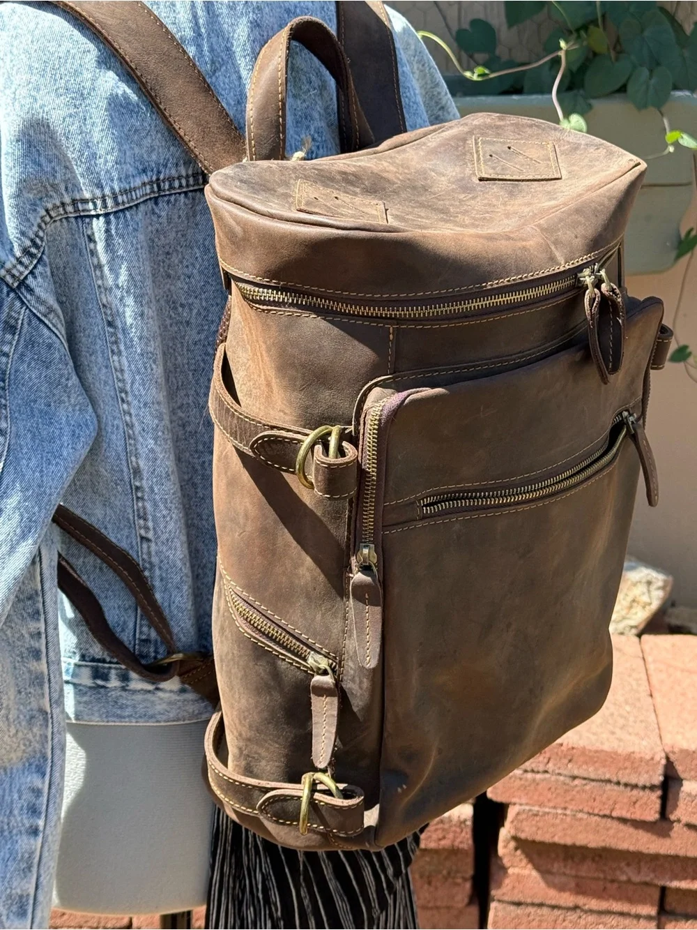 Classic Brown Genuine Leather Backpack. Excellent heavy duty brass hardware.